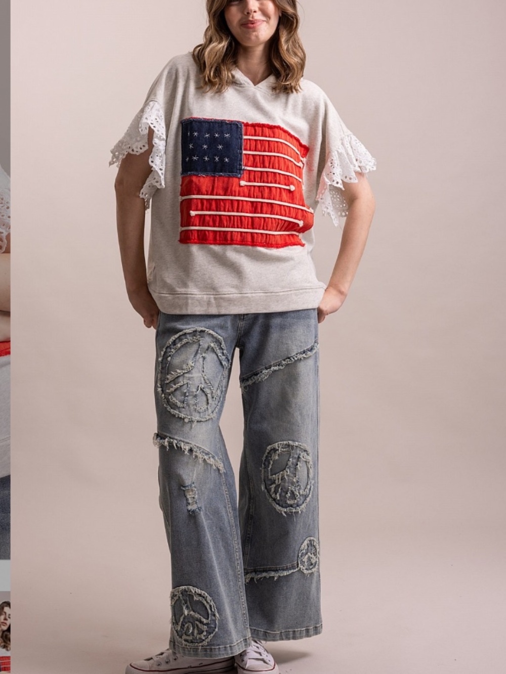 ❤️ BLUE VELVET “USA“ BLUE VELVET SHORT RUFFLE SLEEVE AMERICAN FLAG HOODIE TOP 27 - Picture 8 of 8